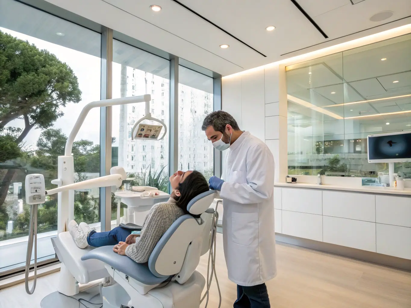 Et billede af en tandlæge, der udfører en tandrensning på en patient i klinikken, med fokus på den professionelle udførelse og patientens komfort.