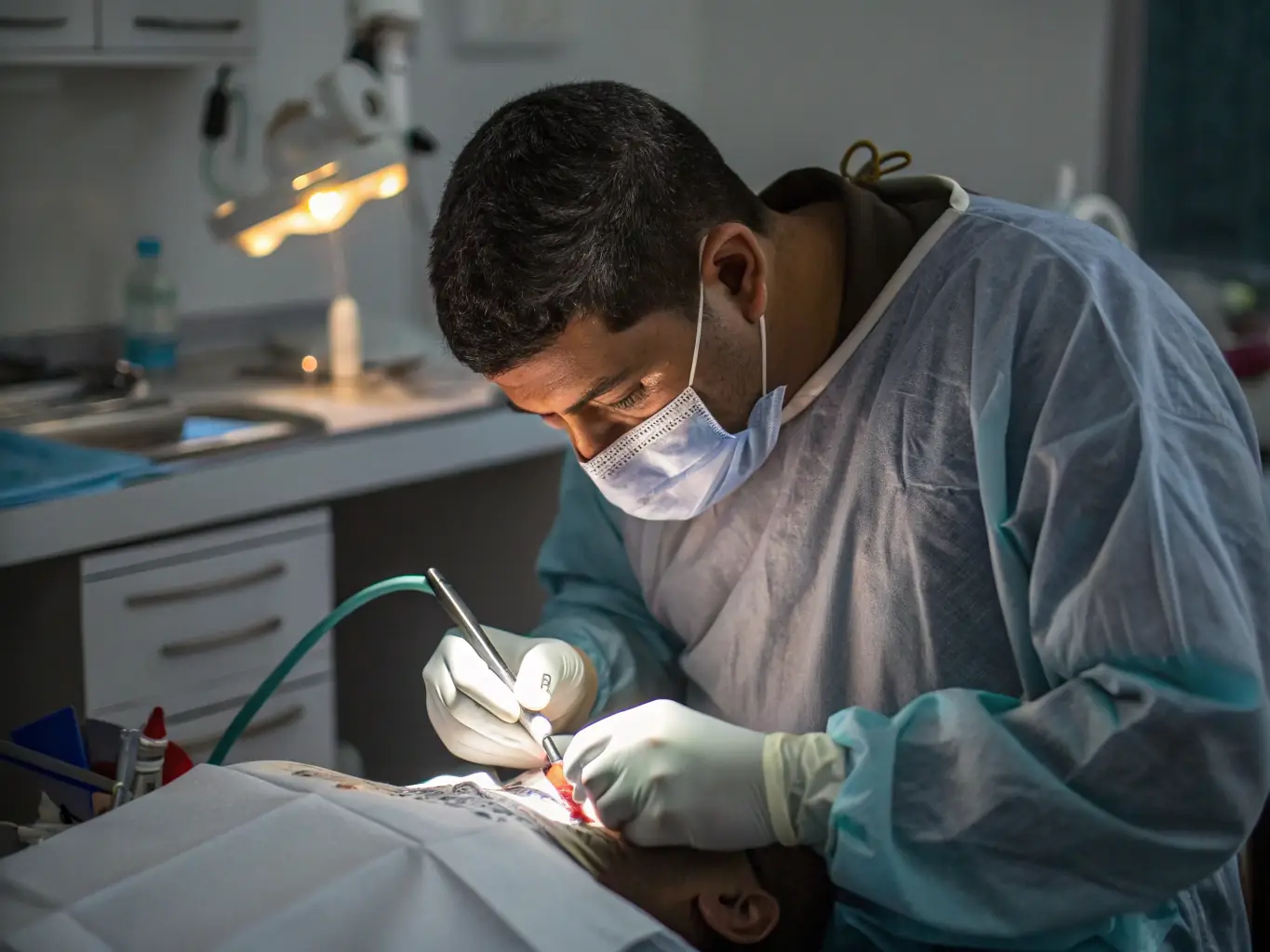 Billede af en tandlæge, der omhyggeligt monterer en tandimplantat på en patient, der viser den avancerede teknologi og præcision, der anvendes.