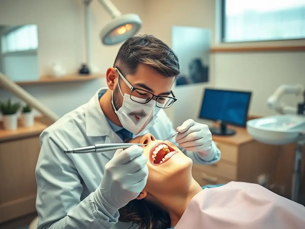 A dentist performing a routine check-up on a patient, using dental instruments to examine their teeth. The setting is a modern, clean dental clinic with soft lighting.