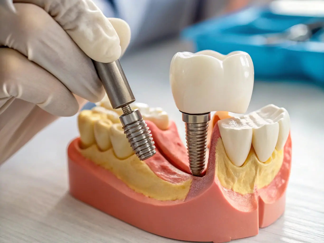 A dentist placing a dental implant in a patient's jaw. The image shows the precision and care involved in the procedure, highlighting the advanced technology used.